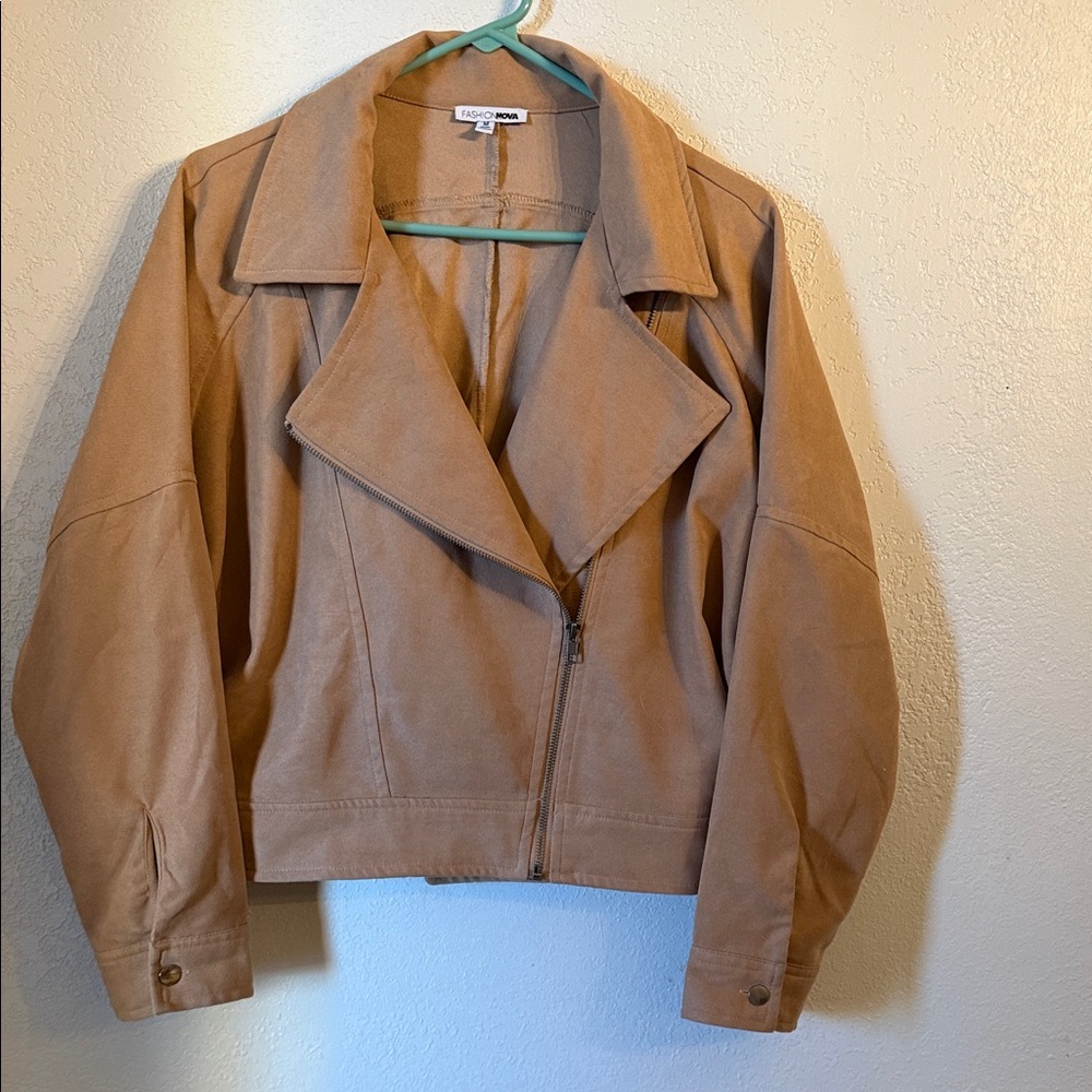 Fashion Nova Cropped Moto Jacket Camel Tan Zip Front Size M